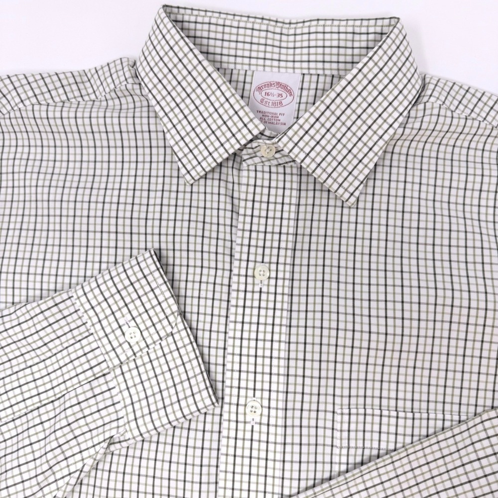 Brooks Brothers Mens Traditional Fit Non-Iron Tattersall Shirt 16.5 35 Green